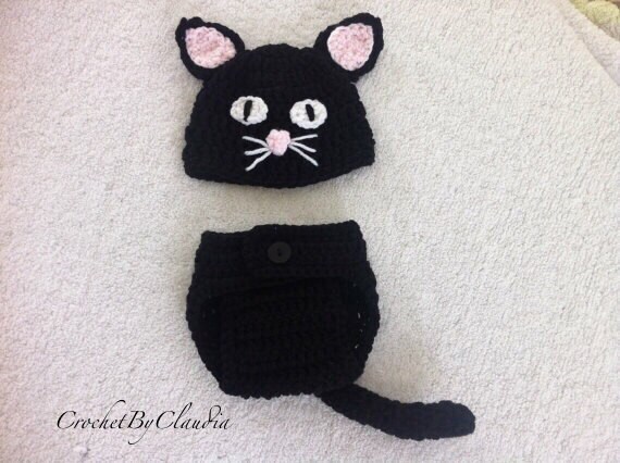 Newborn Crochet Black Kitty with Pink Or White accents PhotoProp/Made to Order