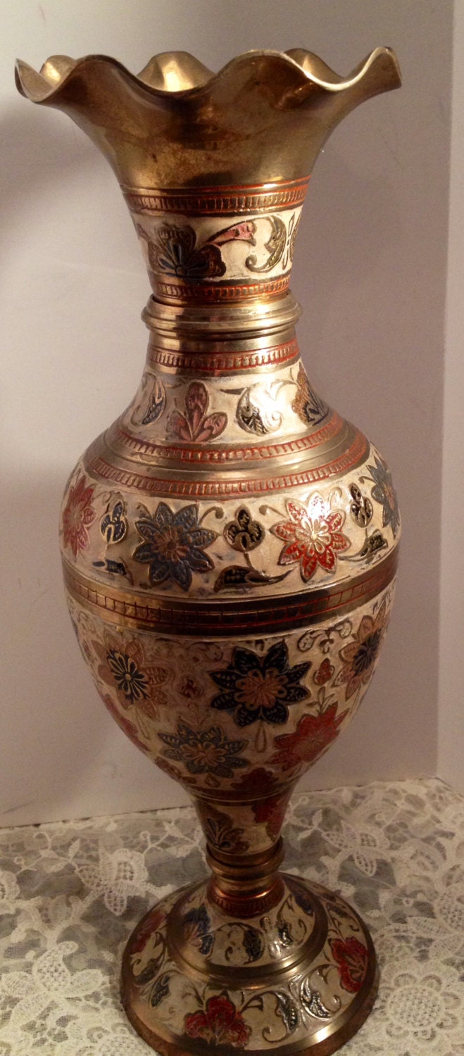 Large Decorated Brass Vase Made in India. Colors are Teal