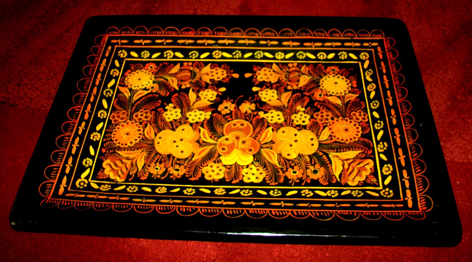 HAND MADE HAND Painted Mexican Olinala Folk Art Wood Tray