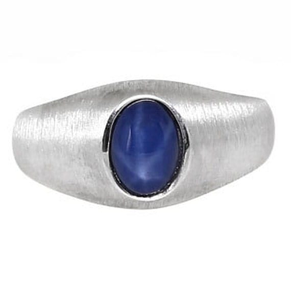 White Gold Pinky Ring For Men Oval-Cut Blue Star Sapphire Gemstone