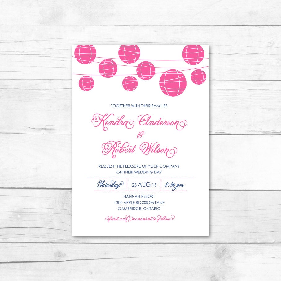 Hot Pink and Navy Hanging Paper Lanterns Wedding Invitation – Beach ...