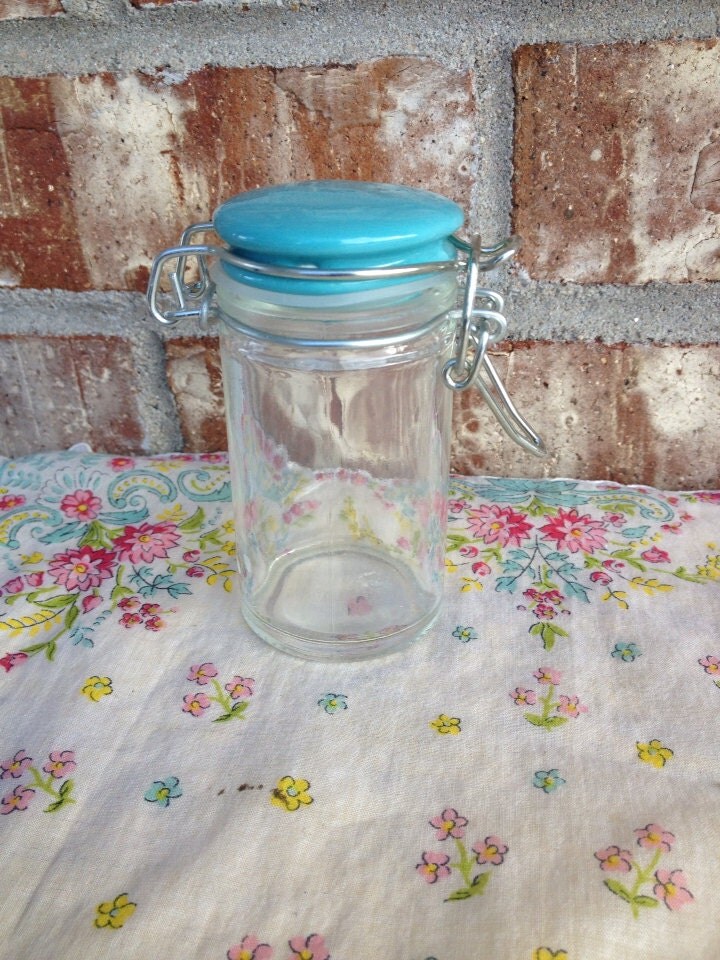 Mini Latch Top Glass Jar with Aqua lid / Silver by RetroRetake