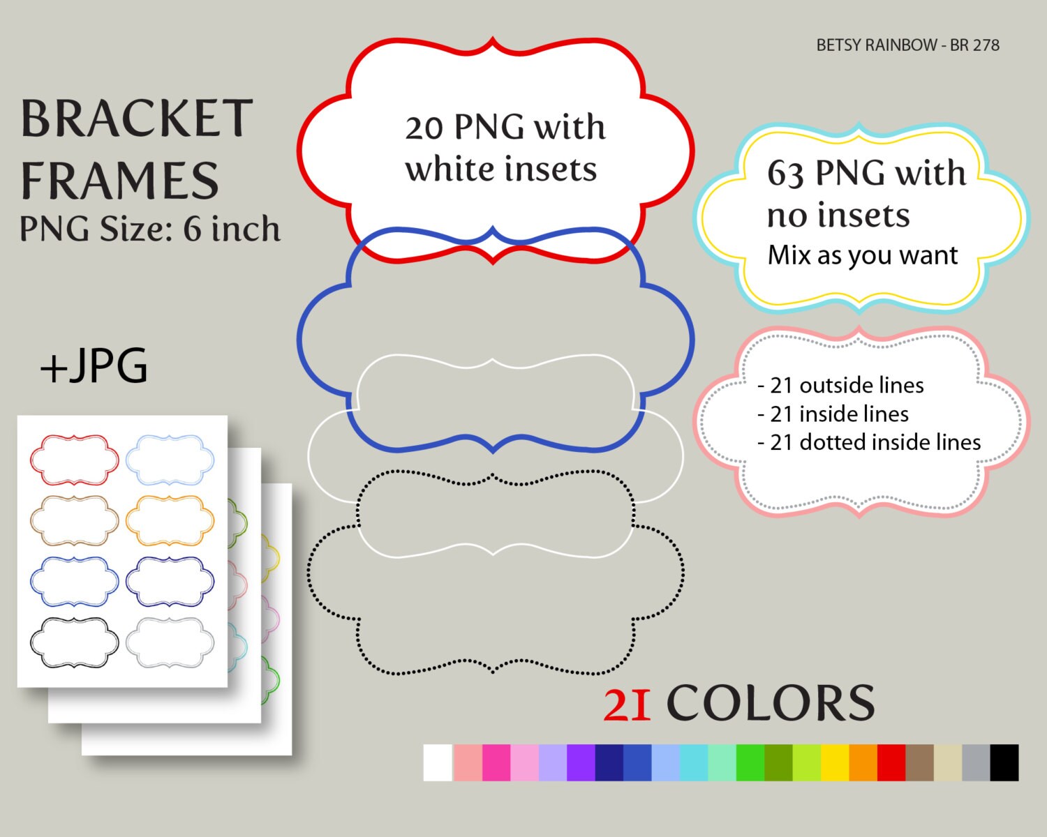 Bracket Digital frames clip art in 21 colors PNG and JPGs