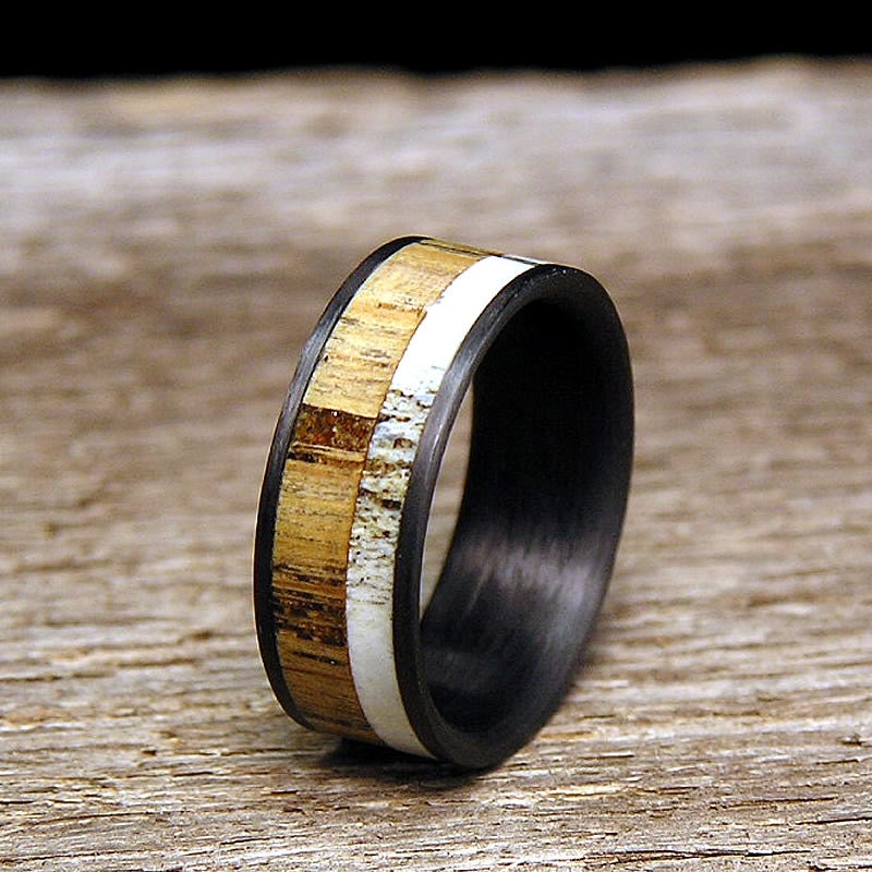 used jack daniel distillery whiskey barrel wood deer antler inlay carbon fiber wedding band or ring - Antler Wedding Rings used jack daniel distillery whiskey barrel wood deer antler inlay carbon fiber wedding band or ring - Antler Wedding Rings