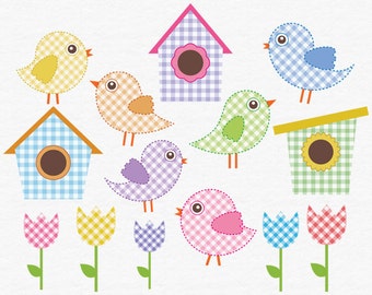 Digital Bird Clip Art, Baby Bird Clipart, Pink Gingham, Blue Birdhouse Clipart, Tulip Clipart, Spring Flowers, Summer Scrapbook