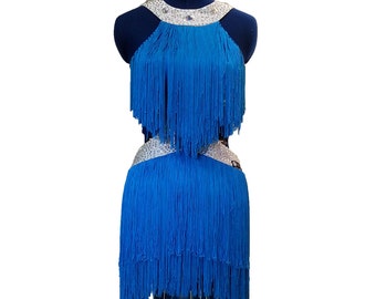 Ultra Marine Halter Fringe Latin Dance Dress