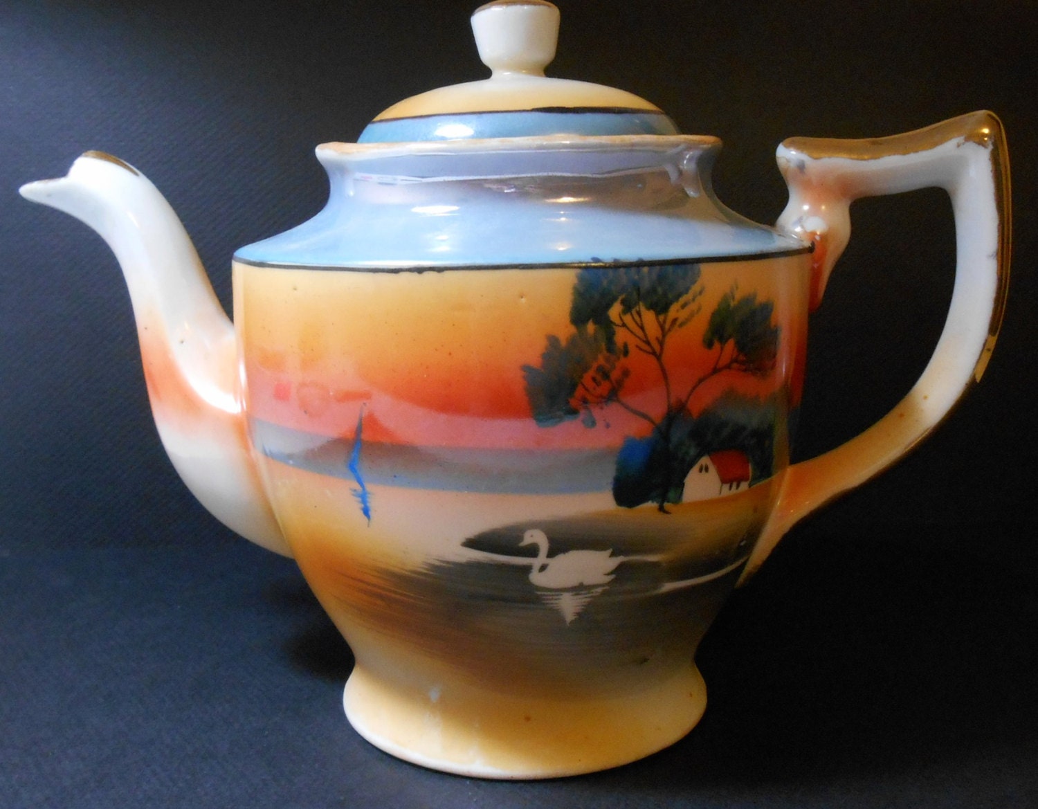 1920's Japanese Swan on Lake Hand Painted Tea Pot