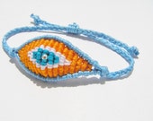 evil eye macrame bracelet, all seeing eye handmade bracelet, orange blue bracelet, adjustable, custom colour bracelet, nylon cord bracelet evil eye macrame bracelet, all seeing eye handmade bracelet, orange blue bracelet, adjustable, custom colour bracelet, nylon cord bracelet
