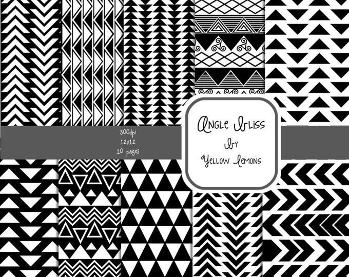 Tribal black and white Digital Paper: "TRIBAL ANGELS" with tribal patterns, in black and white, triangles, patterns for scrapbooking, cards