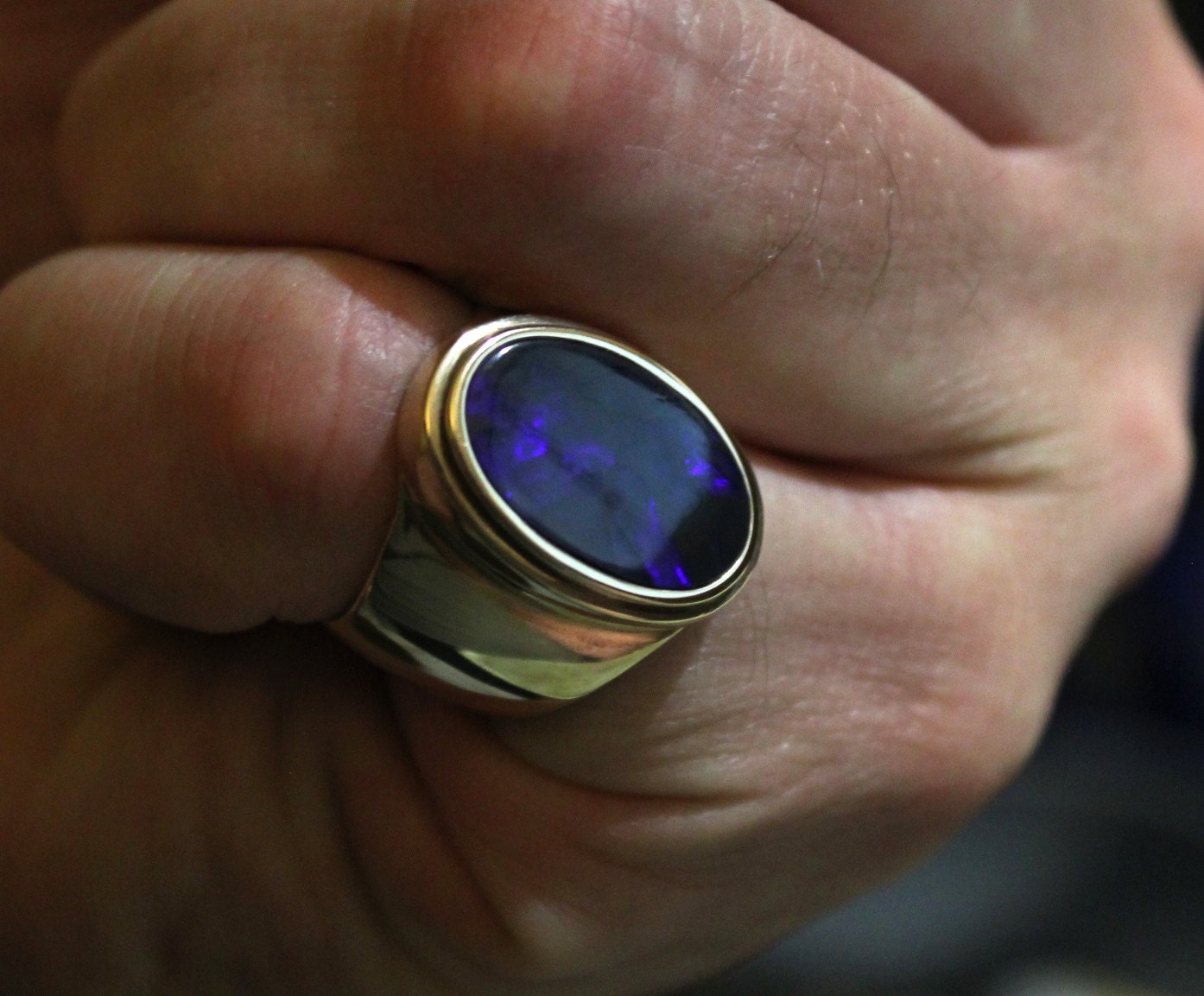 14k solid gold and Black Australian Opal mens ring.