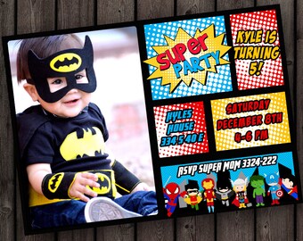superhero birthday invitation, super hero party invitation, fast ship, free customization, super hero invitation printed or digital file