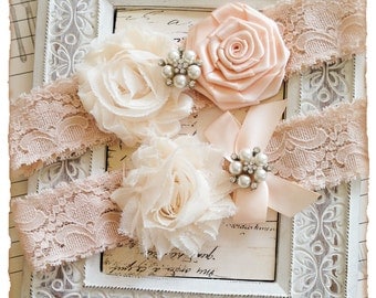 Wedding Garter Set, Blush Bridal Garter Set, Lace Garters, Vintage Garters - Blush Lace, Cream and Nude Flower Garter