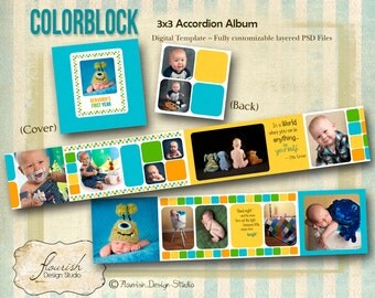 INSTANT DOWNLOAD - 3x3 Baby First Year Birthday Accordion Album template - Color Block Accordion Mini
