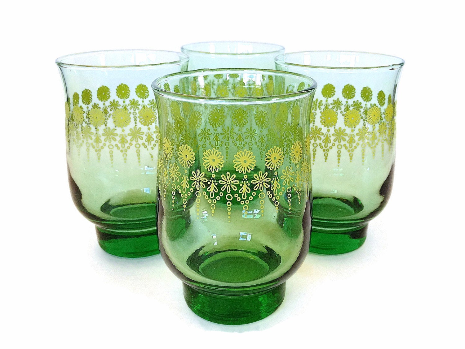 Vintage Green and Yellow Juice Glasses Retro Glassware