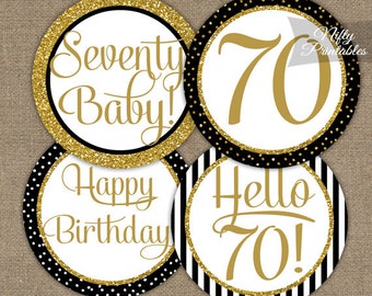 70th Birthday Cupcake Toppers - Black &amp; Gold Glitter - Seventieth Bday ...