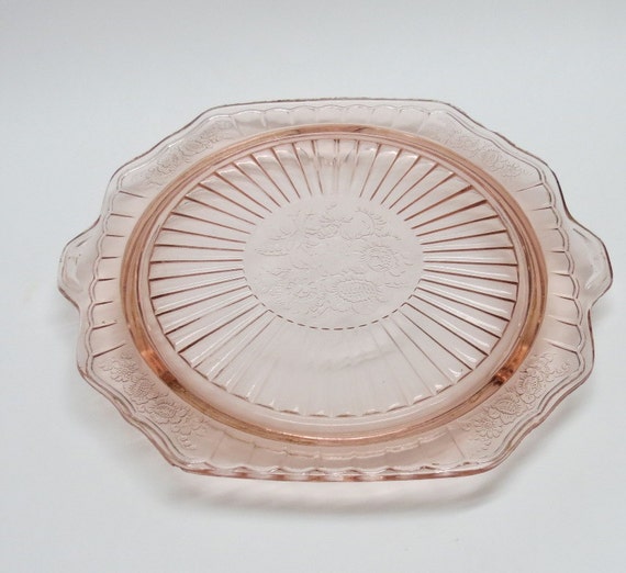 Pink Depression Glass Cake Plate with Handles