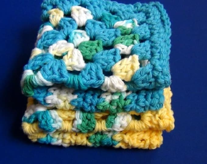 Granny Crochet Dishcloth - Granny Corner Wash Cloth - Set of 2 Blue and Yellow Decorative Cotton Cloths