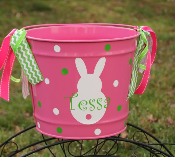 Items similar to Personalized Easter Basket Metal Pail Easter Bunny