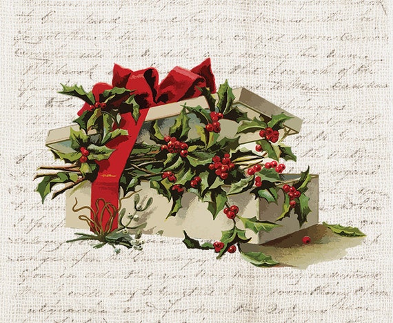 Digital Christmas Color Illustration - Antique Vintage Christmas Present - Present Christmas - Gift Present Illustration INSTANT DOWNLOAD