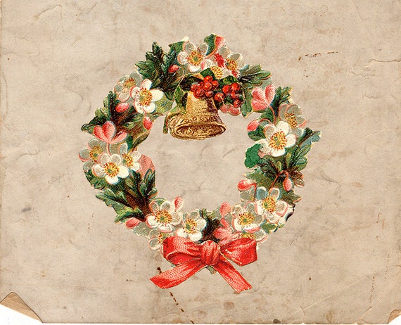 Digital Christmas Color Illustration - Antique Vintage Christmas Wreath - Wreath Christmas - Greenery Flowers Illustration INSTANT DOWNLOAD