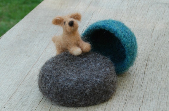 Two hand knit and felted bowls, woodsy green and natural brown colors, natural Waldorf inspired toys, summer home decor