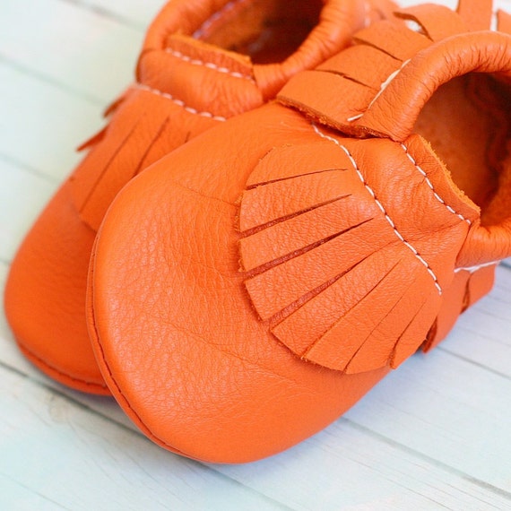 Orange Leather Baby Moccasins by StitchesAndSoles on Etsy