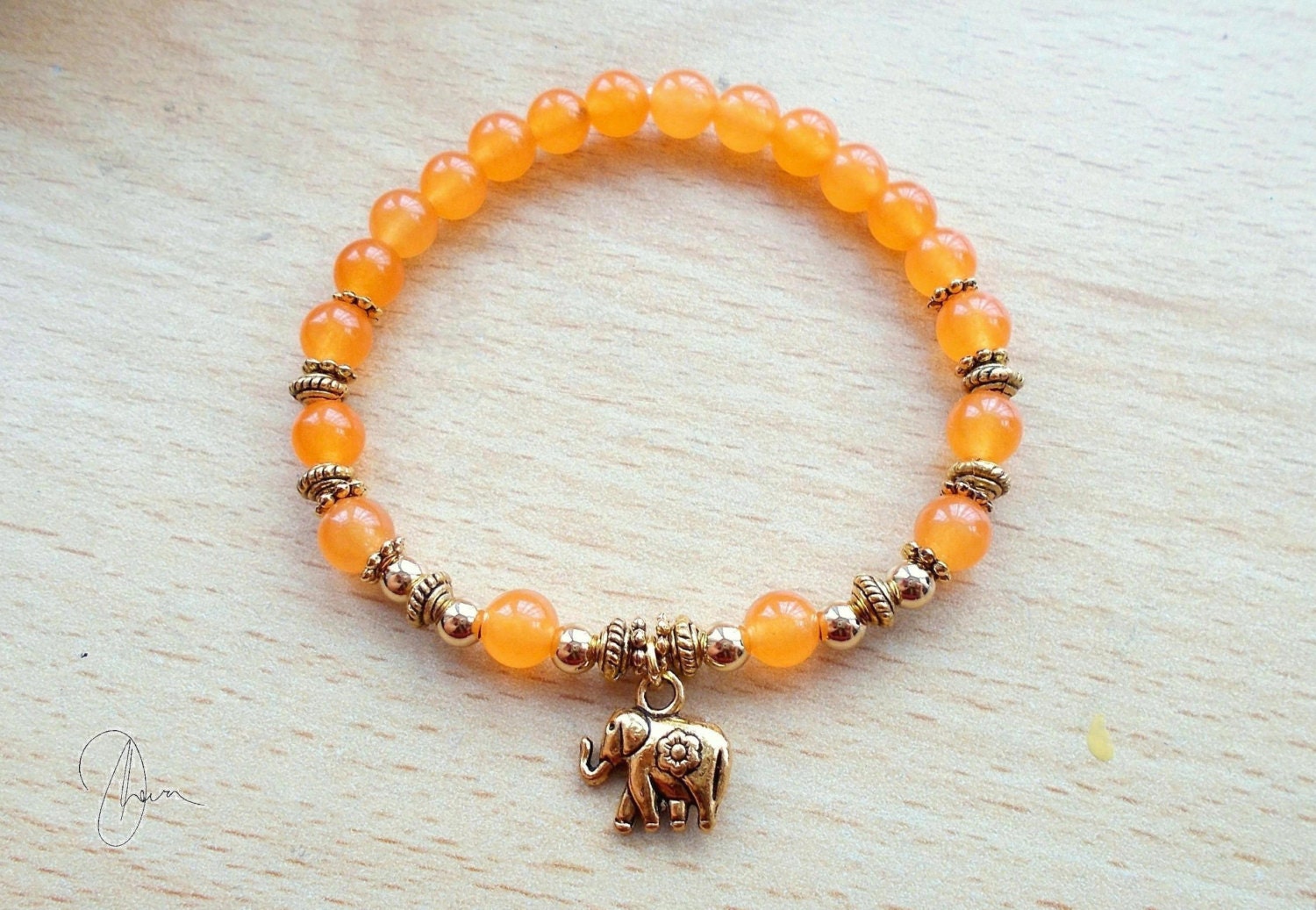 Dainty Gold Elephant Bracelet Orange Beaded by DharaJewellery