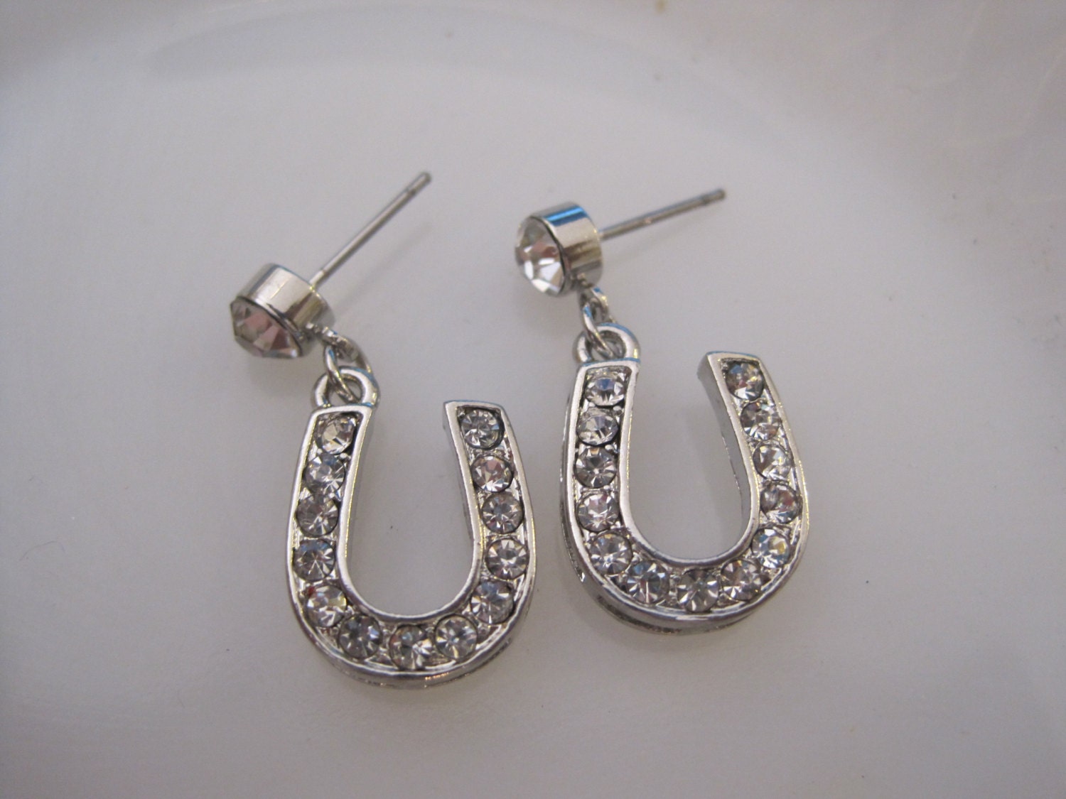 Silver Horseshoe Earrings Dangle Earrings Rhinestone