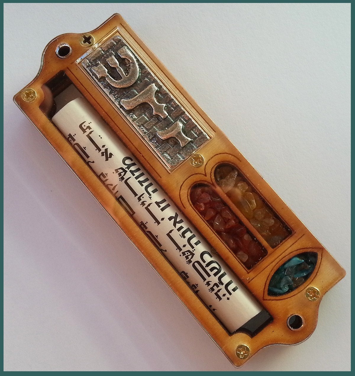 4 wood mezuzah with tablets of covenant & scroll