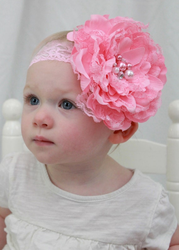 Items similar to Baby Headband, Pink silk and layered lace headband