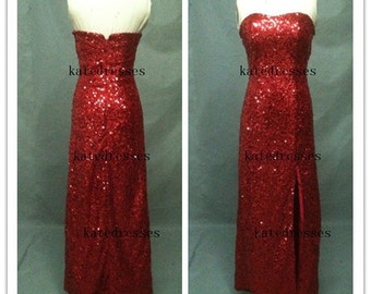 New Prom Dresses, Custom Long Sexy Strapless Red Sequins Prom Dresses ...