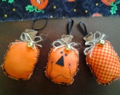 Three small cute primitive orange pumpkin Halloween tree ornaments, pintucks, bowl filler