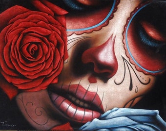 Mexican catrina skull girl black velvet oil painting handpainted signed art No.2