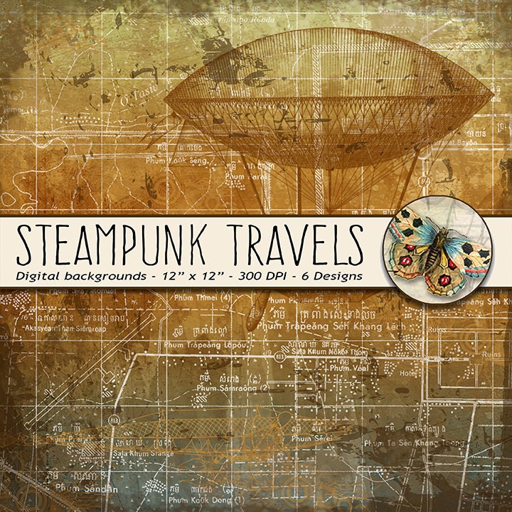 Steampunk Digital Paper, Vintage Transportation Paper, Steampunk Tavel Digital Background Papers, Steampunk Industrial Digital Collage