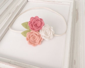 Wool felt flower headband Trio flowers headband Baby felt flower