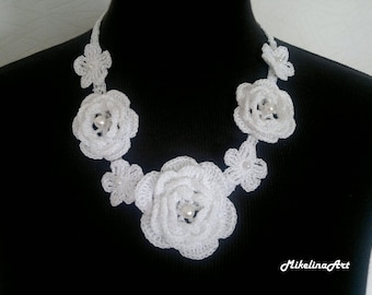 Crochet Necklace,Crochet Neck Accessory, Flower Girl Necklace, White, 100% Cotton.