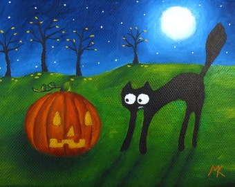 ORIGINAL small oil painting, Halloween, black cat, carved pumpkin, moon ...