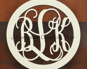 24" Inch Round Border Wooden Monogrammed Wall Hanging Painted Initials Photo Prop Graduation Gift Wedding Nursery Bedroom Decor