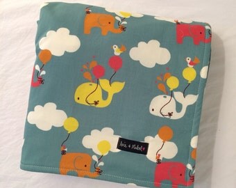 Premium organic baby blanket. Elephants, whales and clouds. Modern organic baby blanket by Avie and Mabel.