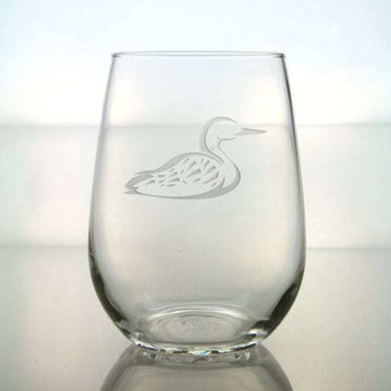 Loon Etched Stemless Wine Glass by GlassIslandDesigns on Etsy