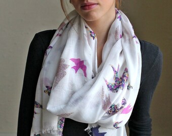 Pretty Origami Flying Birds Soft White Scarf. Trendy Scarves. Shoulder Wraps. Unique Gift Ideas for Her