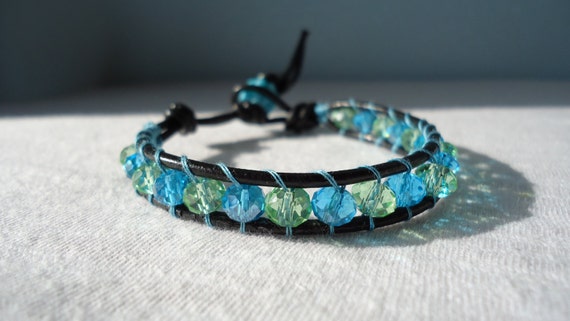 Crystal Wrap Bracelet - Blue - Green - Leather Bracelet - Bohemian Style - Crystal Jewelry