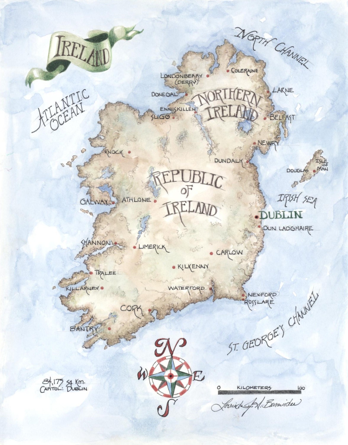 Map of Ireland watercolor colored pencil painting drawing