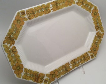 Independence Ironstone by Interpace Small Octagonal Platter - Retro Harvest Brown or Yellow Gold Flower Power Border with Butterflies Leaves