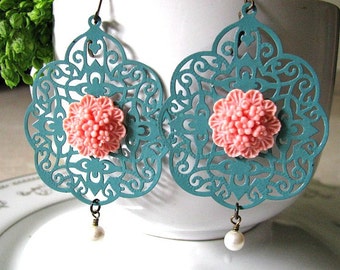 Turquoise Patina Lace Filigree Floral Earrings, Verdigris Filigree Earrings, Shabby Chic, Large Filigree Dangle Earrings