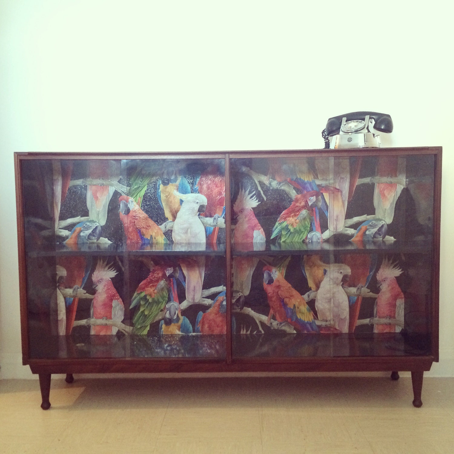 Upcycled retro mid century glass display in parrot