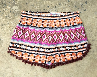 Pom Pom shorts - Brown Pom Pom tribal printed on cotton sexy shorts ...