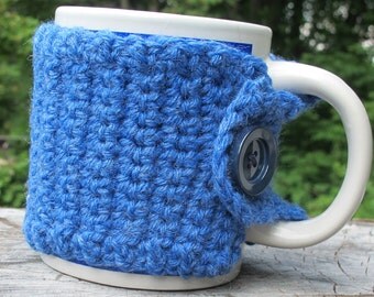 Blue Denim Crochet Mug Cozy with Button Ready to Ship