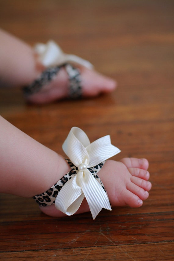 Baby Sandals Leopard Print Cream Barefoot Sandals Elastic Ribbon Baby ...