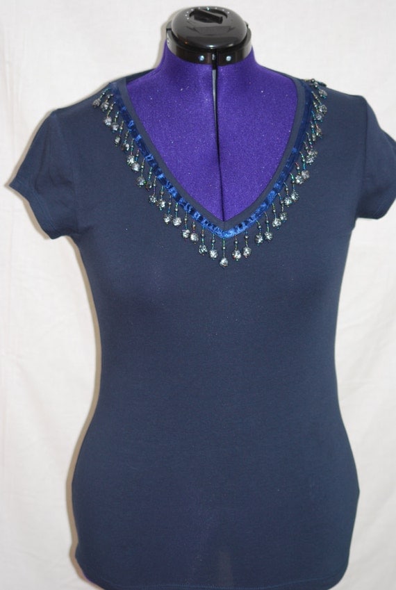 Items similar to Women's navy blue vneck tshirt with beading on the